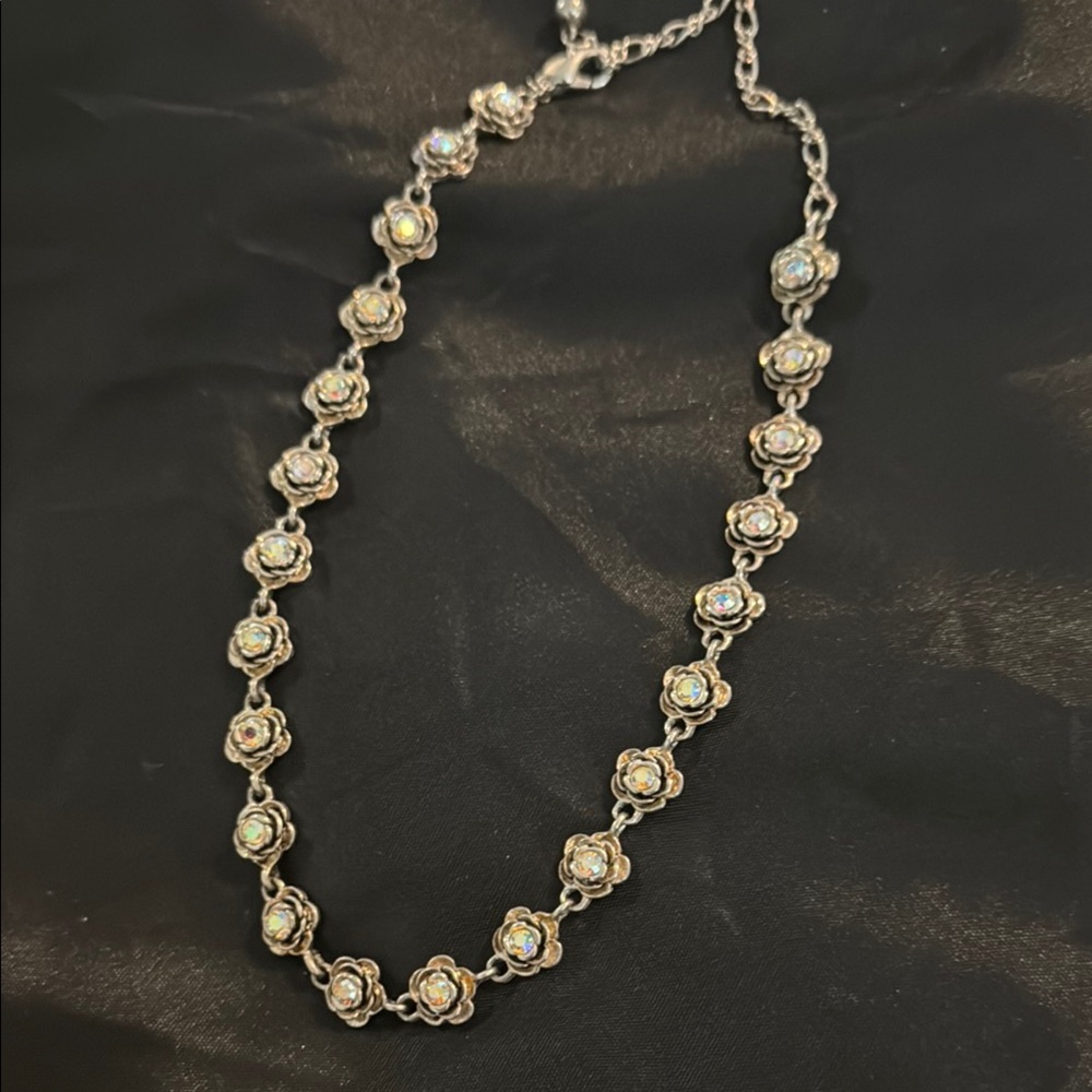 Vintage Premier Designs "Primrose" Silver Tone Aurora Borealis Flower Necklace